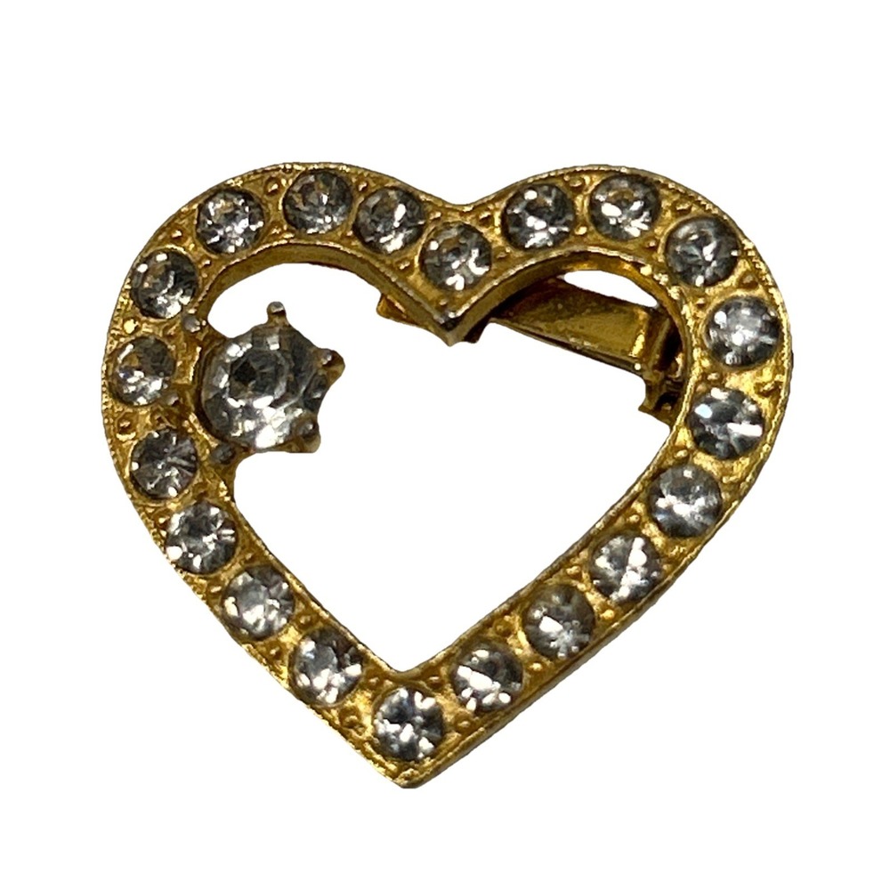 Gold Tone Open Heart Brooch Pin Clear Rhinestone Crystal Costume Jewelry